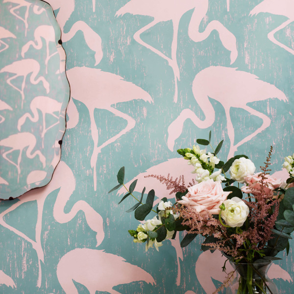 Flamingos Turquoise Pink Wallpaper by Sanderson